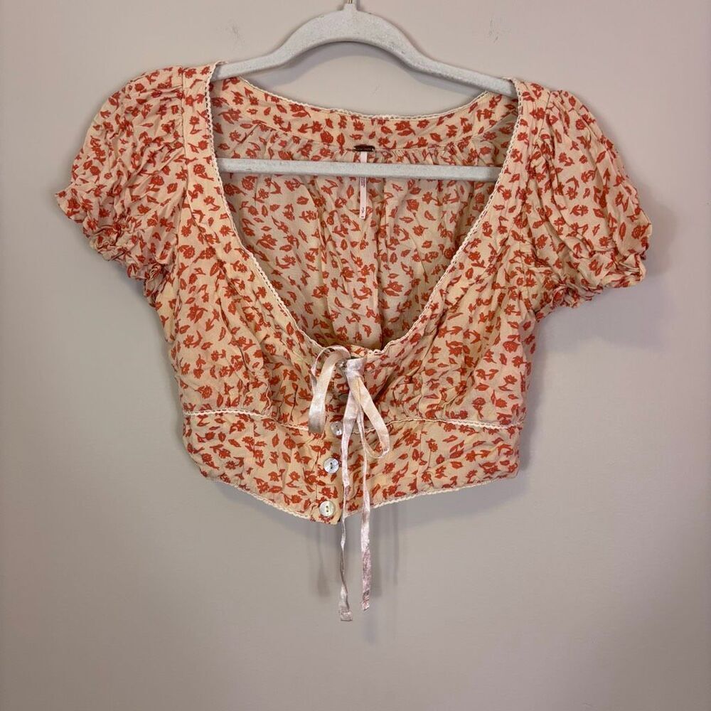 Free People Easy To Love Tea‎ Floral Cropped Short Sleeve Top Small